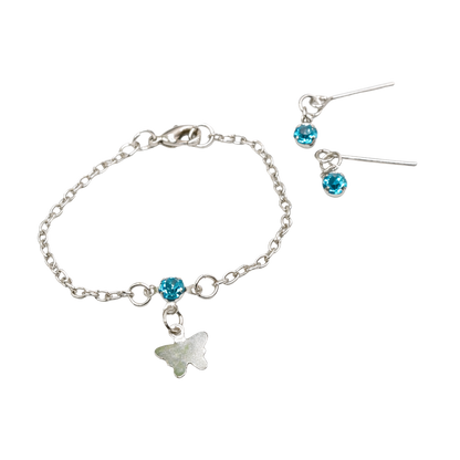 Teal Blue Rhinestone Silver Butterfly Charm Doll Necklace & Earrings Set for 14 Inch Fashion Dolls