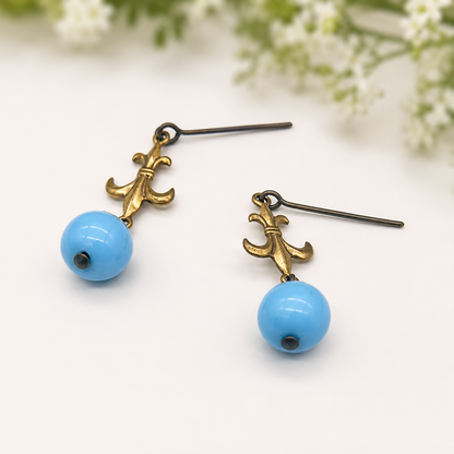 Round Blue Glass & Gold Fleur-de-lis Dangle Doll Earrings • 18” Doll Jewelry