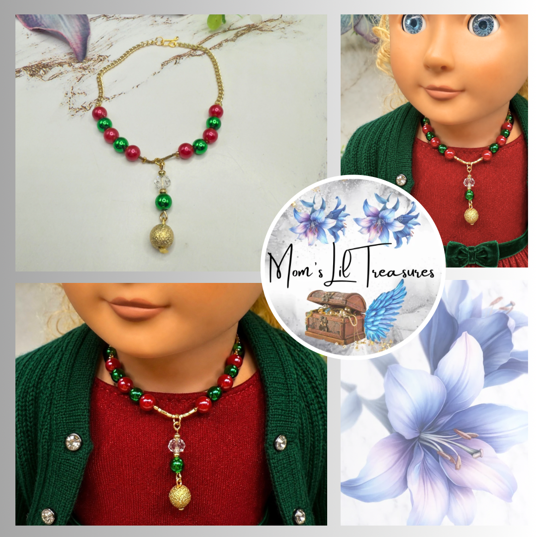 Green & Pinkish Red Pearly Bead Gold Chain Christmas Doll Necklace • 18 Inch Fashion Doll Jewelry