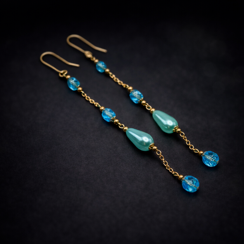 Handmade Duster Dangle Earrings -  Turquoise Crystal Faux Pearl Gold Tone Chain