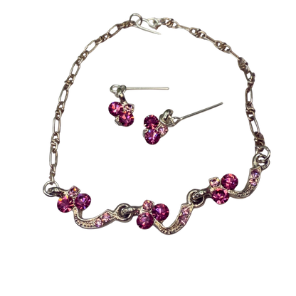 Light Dark Pink Rhinestone Silver Curved Link Doll Necklace & Earrings Set • 18 Inch Fashion Doll Jewelry