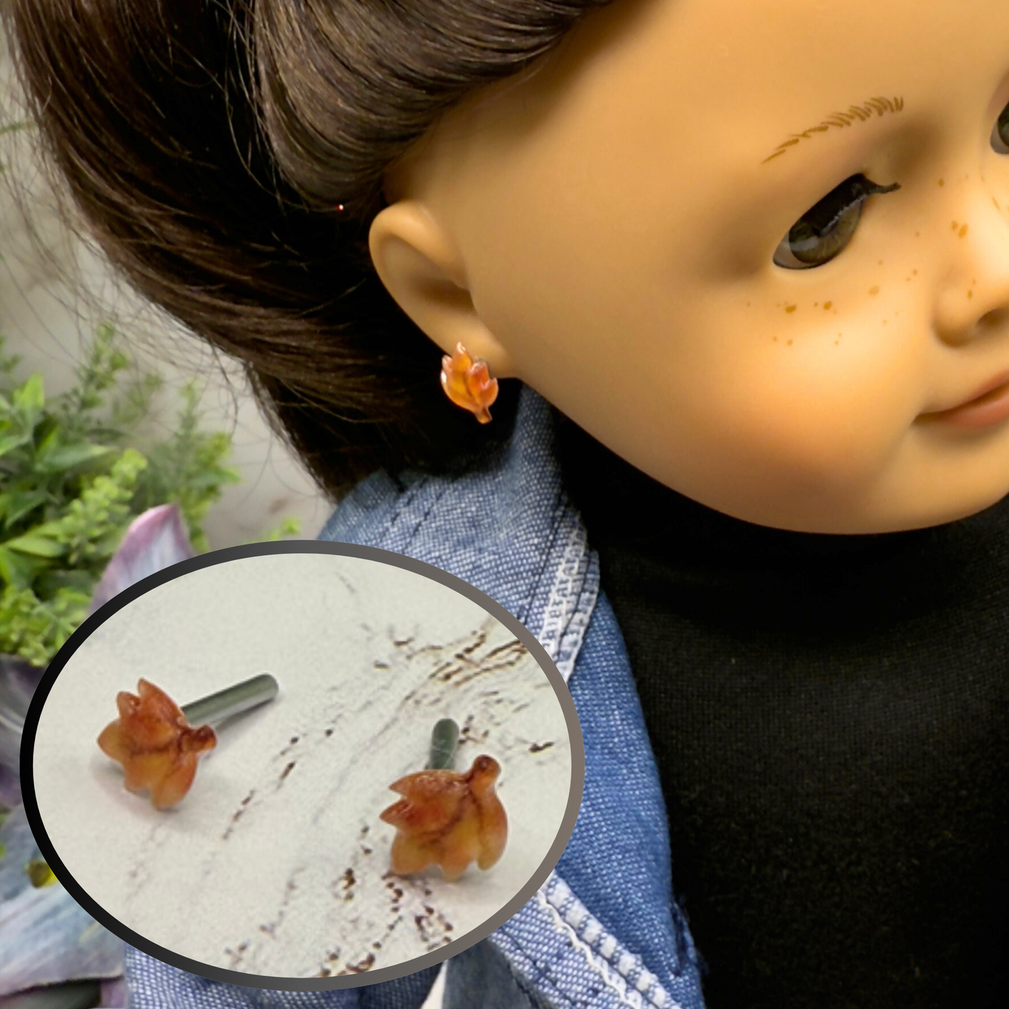 Golden Autumn Fall Leaf Post Doll Earrings • 2mm Post for 18 Inch Fashion Doll