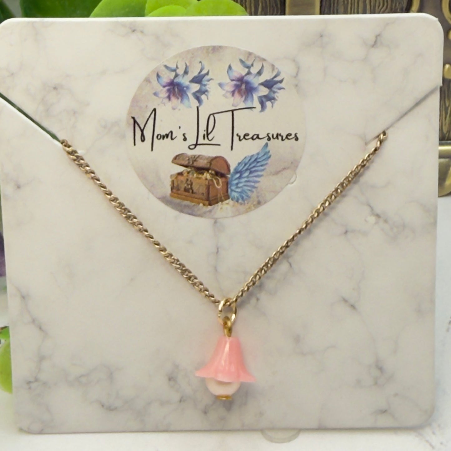 Pink Bell Flower Pearl Center Charm Gold Chain Doll Necklace • 14 Inch Fashion Doll Jewelry