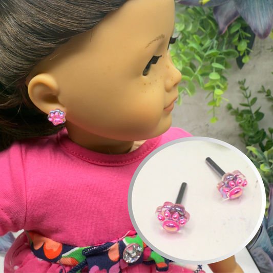 Bright Pink Paw Print Post Doll Earrings • 2mm Post fit 18 Inch Fashion Doll