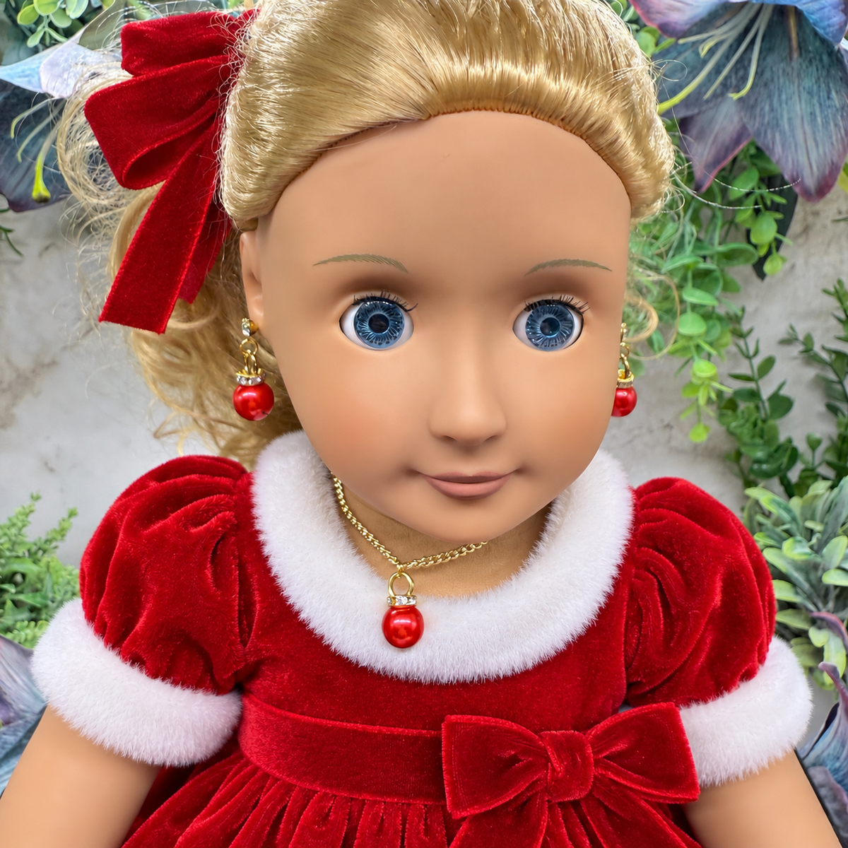 Red Pearly Christmas Ornament Charm Doll Necklace & Earrings Set • 18 Inch Fashion Doll Jewelry
