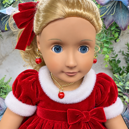 Red Pearly Christmas Ornament Charm Doll Necklace & Earrings Set • 18 Inch Fashion Doll Jewelry