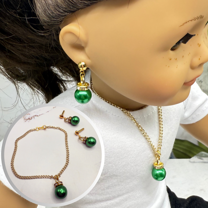 Green Christmas Ball Ornament Charm Doll Necklace & Dangle Doll Earrings • 2mm Post for 18 Inch Fashion Doll