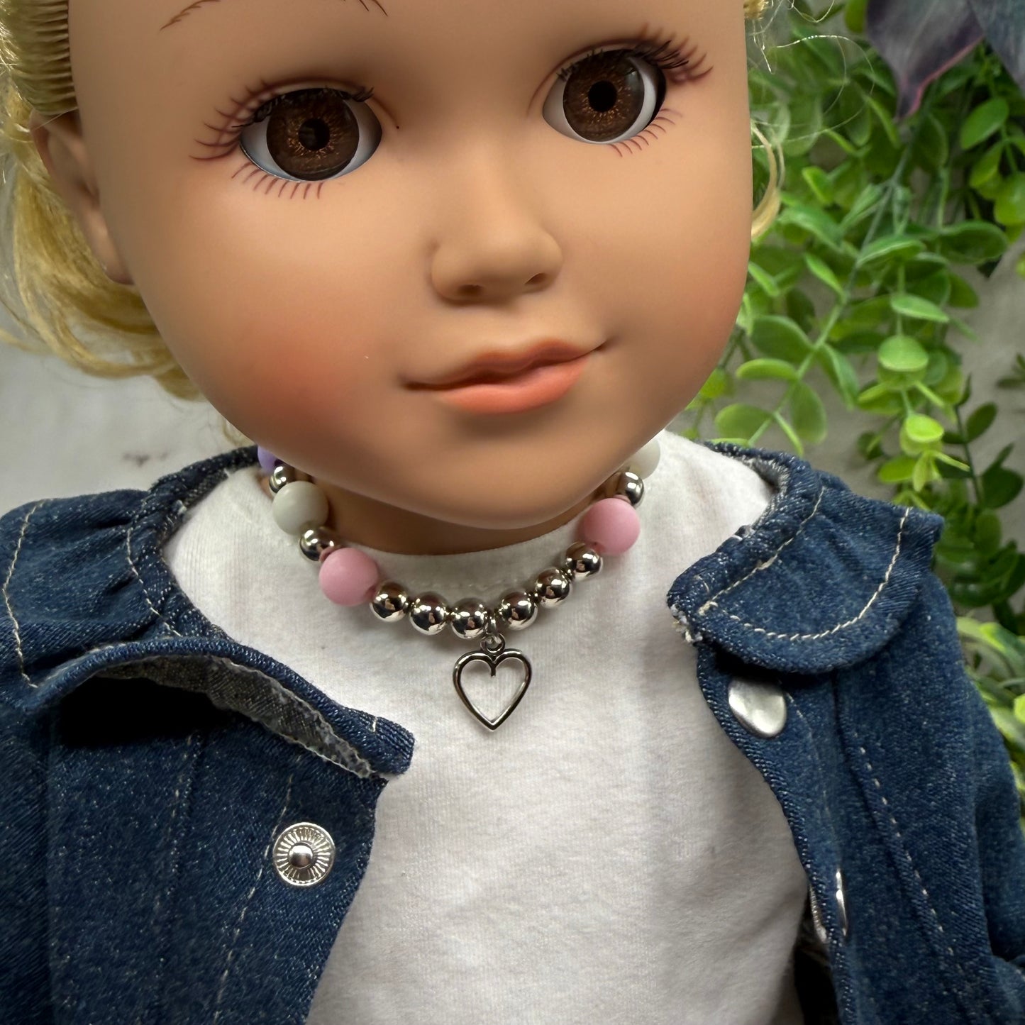 Pink Purple Silver Beaded Heart Charm Doll Necklace • 18 Inch Fashion Doll Jewelry
