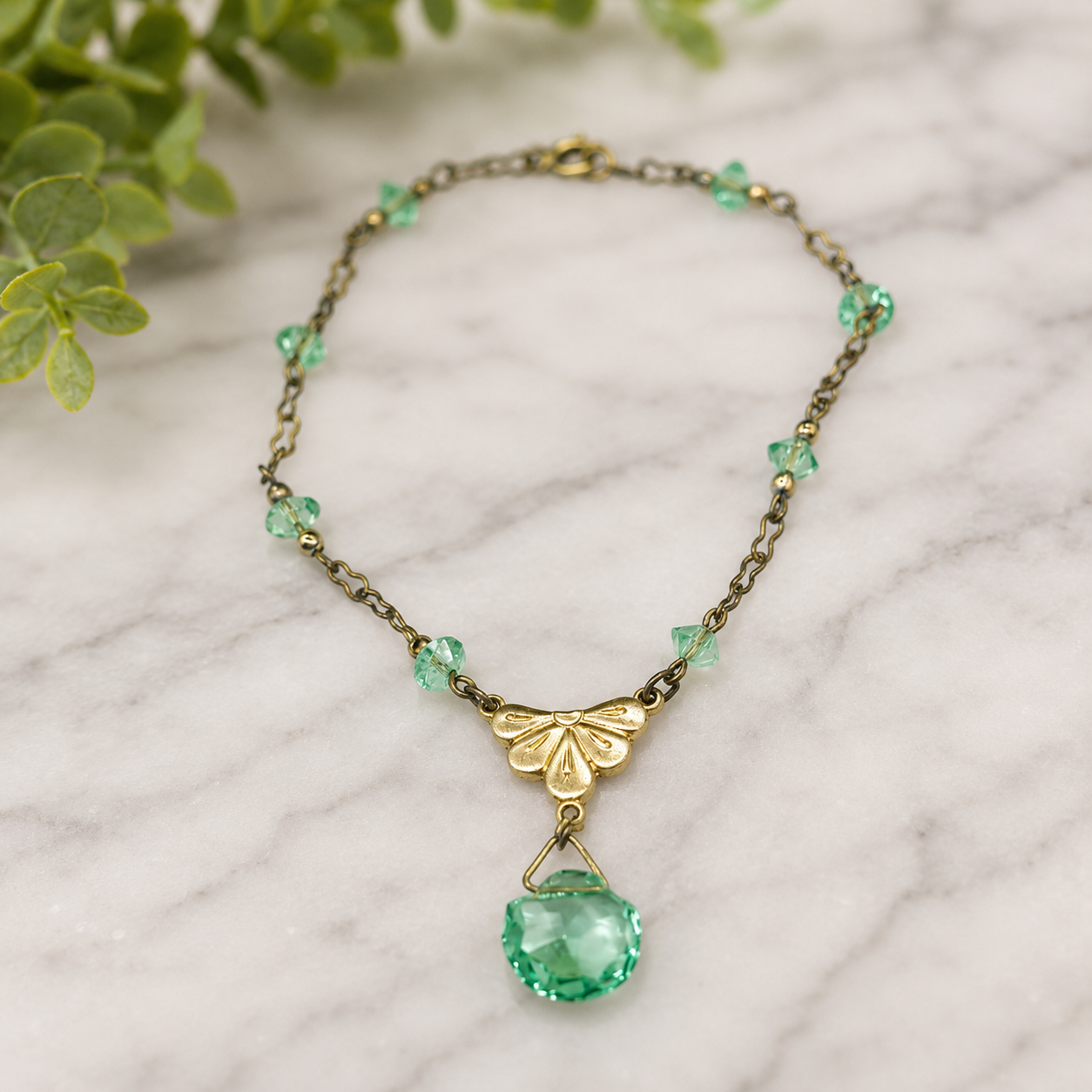 Green Glass Crystal Pendant Gold Doll Necklace • 18 Inch Fashion Doll Jewelry