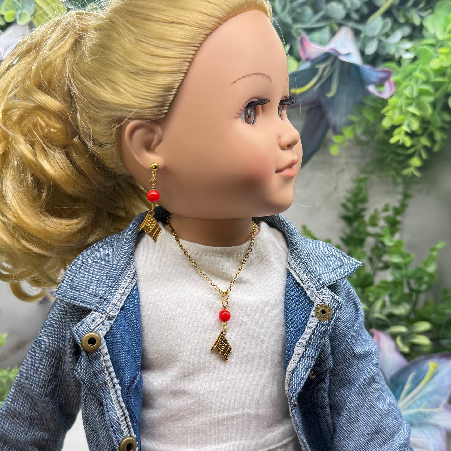 Red Bead Gold Flag Dangle Doll Necklace & Earrings Set for 18 Inch Fashion Doll