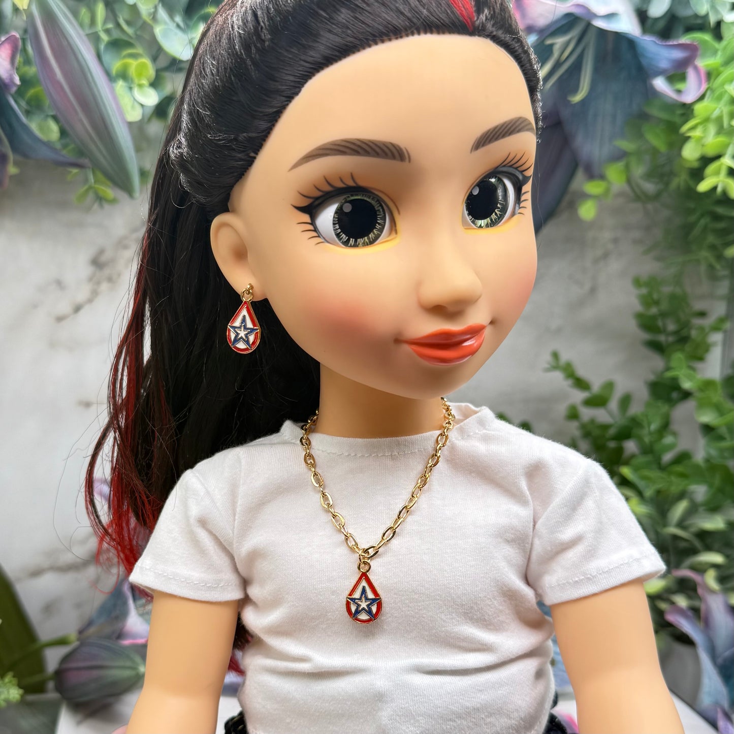 Red White Blue Teardrop Patriotic Star Gold Doll Necklace & Earrings for 18 Inch Fashion Doll