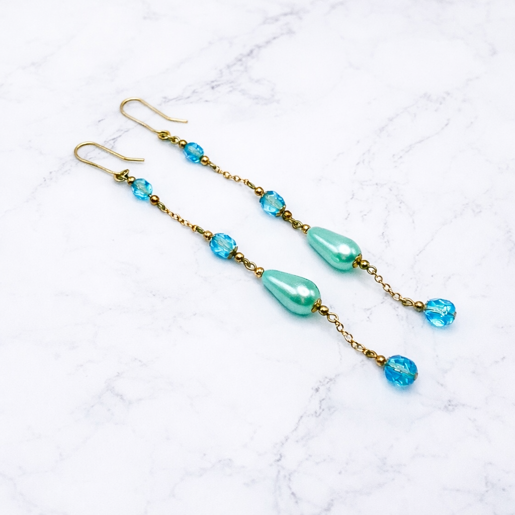 Handmade Duster Dangle Earrings -  Turquoise Crystal Faux Pearl Gold Tone Chain