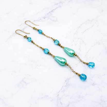 Handmade Duster Dangle Earrings -  Turquoise Crystal Faux Pearl Gold Tone Chain