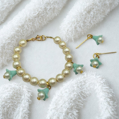 Turquoise Blue Bell Flower Dangle Pearl Beaded Doll Necklace & Earrings • 14 Inch Fashion Doll Jewelry