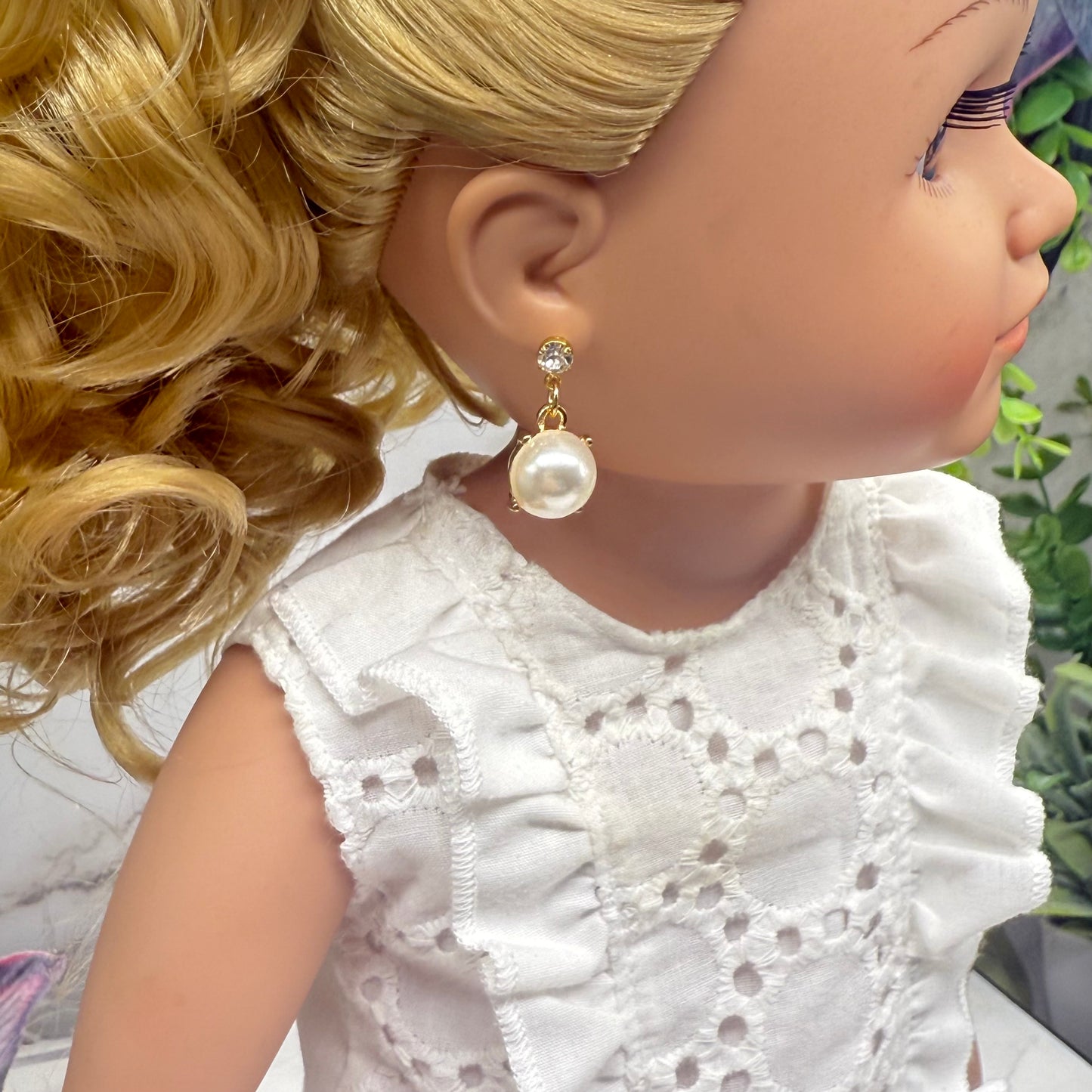 Round Pearl Dangle Clear Rhinestone Post Doll Earrings  • 18 Inch Fashion Doll Jewelry