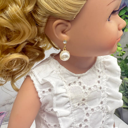 Round Pearl Dangle Clear Rhinestone Post Doll Earrings  • 18 Inch Fashion Doll Jewelry
