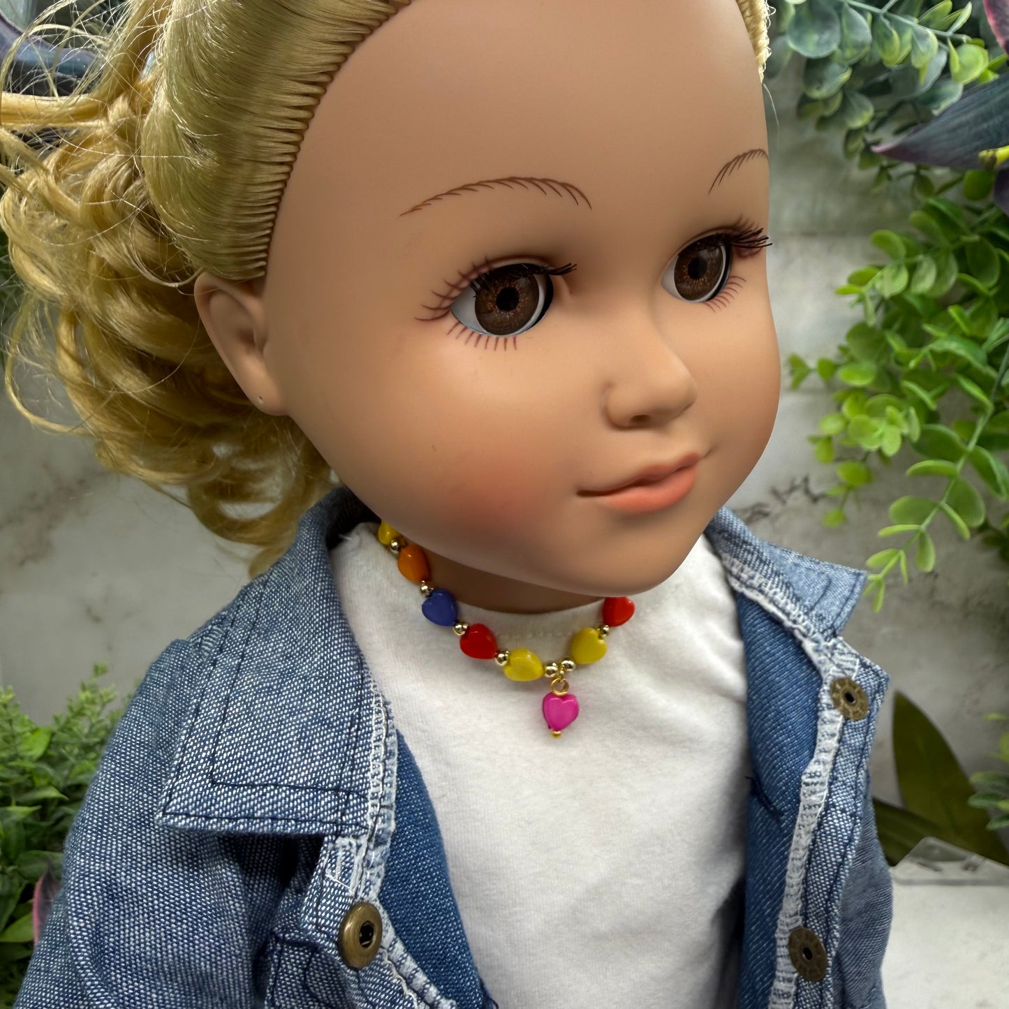 Rainbow Multi Color Heart Bead Doll Necklace • 18 Inch Fashion Doll Jewelry