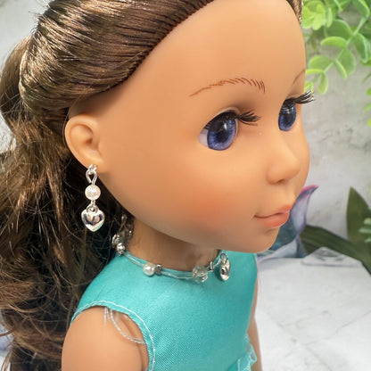 Silver Heart Charm Nylon String Pearl & Acrylic Crystal Necklace & Earrings • 14 Inch Fashion Doll Jewelry