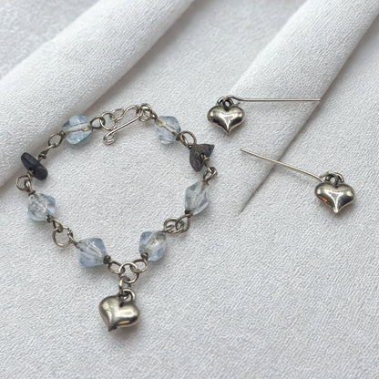 Blue Glass Beaded Silver Heart Charm Doll Necklace & Earrings • 14 Inch Fashion Doll Jewelry