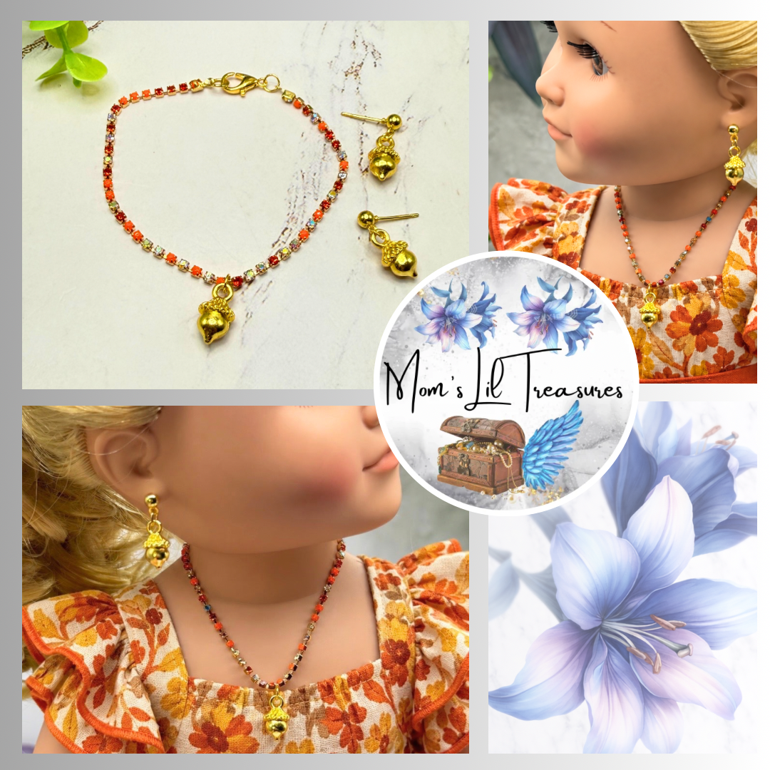 Gold Acorn Harvest Autumn Charm Fall Colors Rhinestone Doll Necklace & Earrings Set | for 18 Inch Fashion Doll