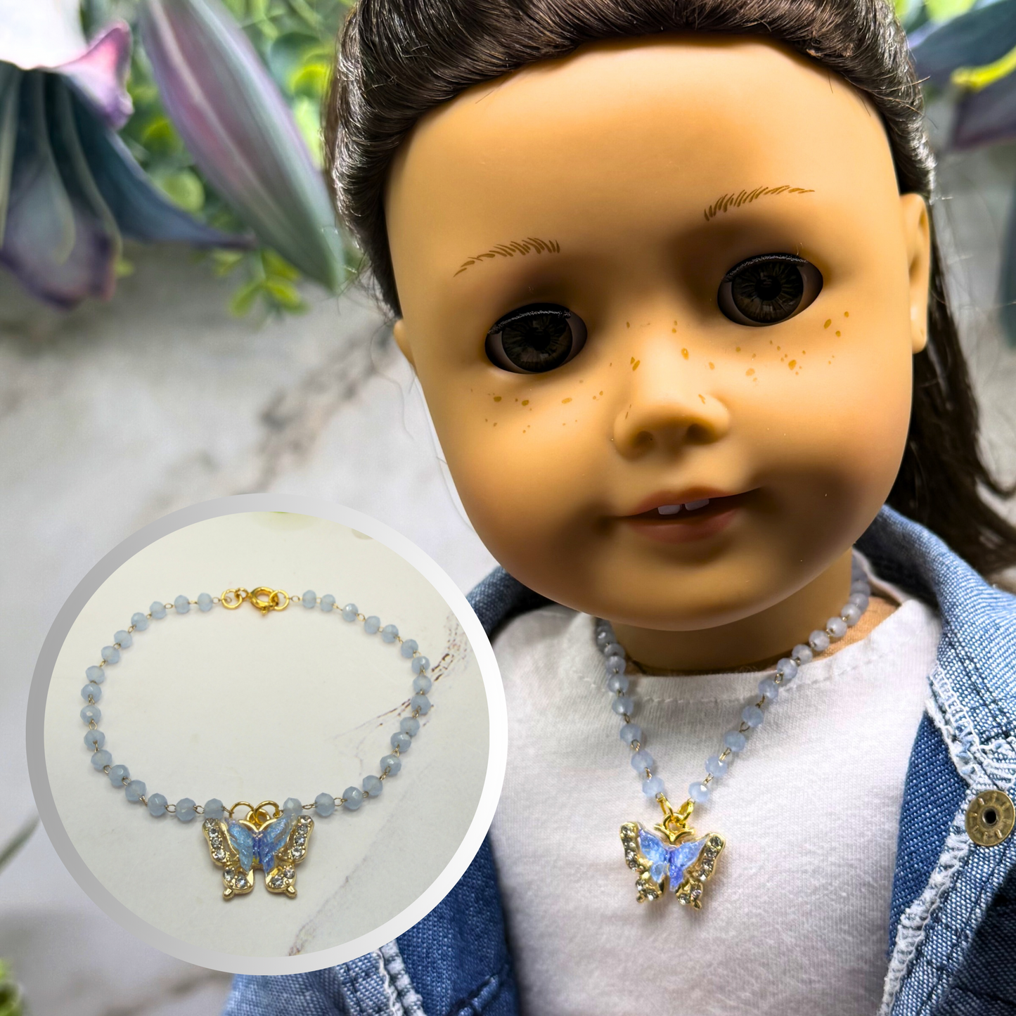Blue Butterfly Rhinestone Accent Pendant Blue Glass Beaded Doll Necklace • 18 Inch Fashion Doll Jewelry