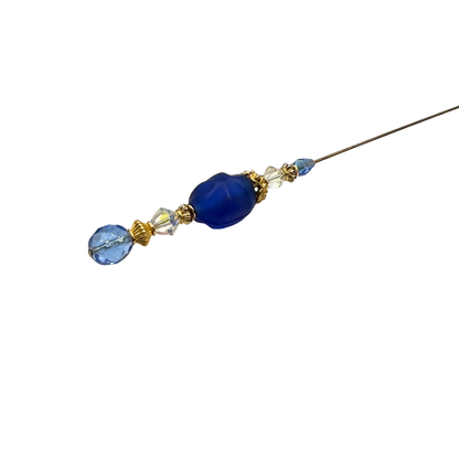 Blue & Clear Crystal Gold Filigree Accent • 8” Hatpin / Stick Pin