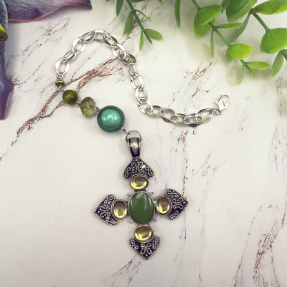 Green Cabochon Silver Cross & Green Bead Chain • Car Mirror Charm / Sun Catcher