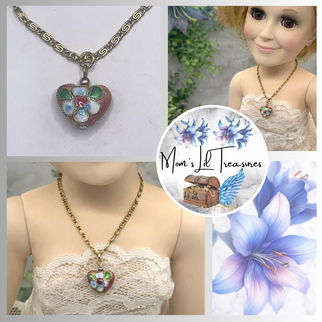 Flower Design Heart Doll Necklace Gold Chain for 18-22” Vintage Fashion Dolls