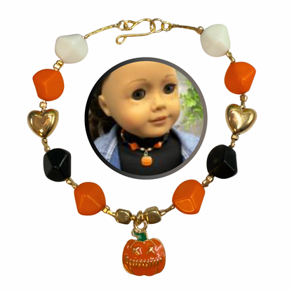 Pumpkin Halloween Charm Acrylic Beaded Doll Necklace • 18 Inch Fashion Doll Jewelry