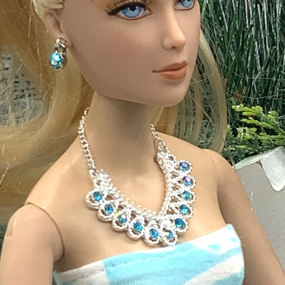 Turquoise Rhinestone Silver Collar Doll Necklace Earring Set • 16” Doll Jewelry