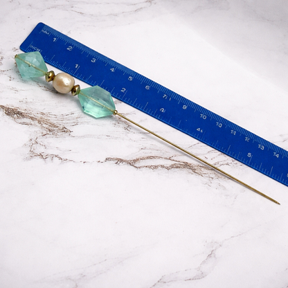 Light Turquoise Acrylic Crystal - Pearl -  6” Pin • Hatpin - Stick Pin
