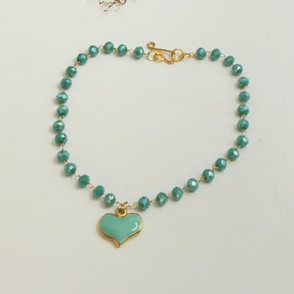 Turquoise Green Heart Charm Glass Beaded Doll Necklace • 18 Inch Fashion Doll Jewelry