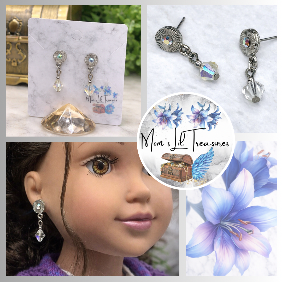 Rhinestone Clear Crystal Silver Tone Dangle Post Doll Earrings for 18 Inch Doll