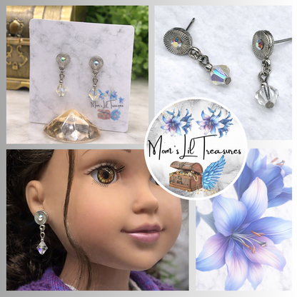 Rhinestone Clear Crystal Silver Tone Dangle Post Doll Earrings for 18 Inch Doll