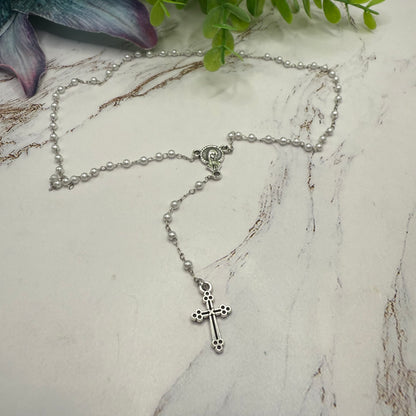 White Pearl Beaded Silver Chain & Cross • Doll Size Catholic Rosary for 18-22” Fashion or Vintage Dolls