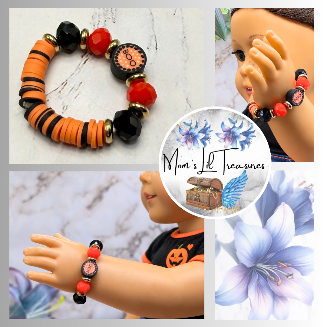 Orange Black Red Beaded Boo Halloween Stretch Bracelet | for 18 Inch Fashion Doll