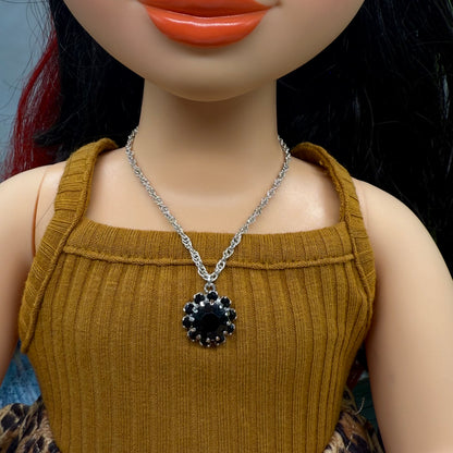 Black Rhinestone Round Flower Pendant Silver Chain Doll Necklace • 18 Inch Fashion Doll Jewelry