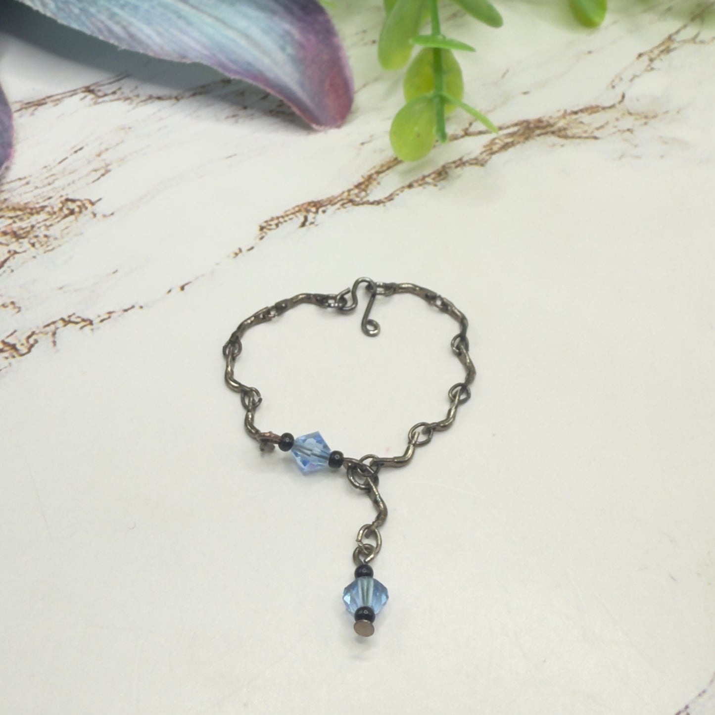 Blue Glass Crystal Gunmetal Silver Curved Link Doll Necklace • 16 Inch Fashion Doll Jewelry