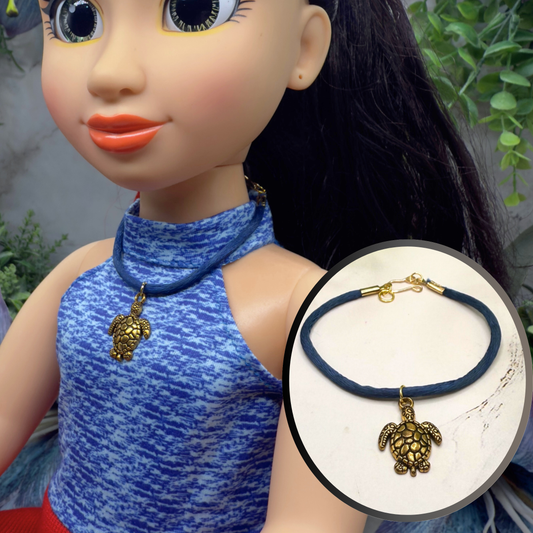 Gold Turtle Charm Blue Fabric Cord Doll Necklace• 18 Inch Fashion Doll Jewelry