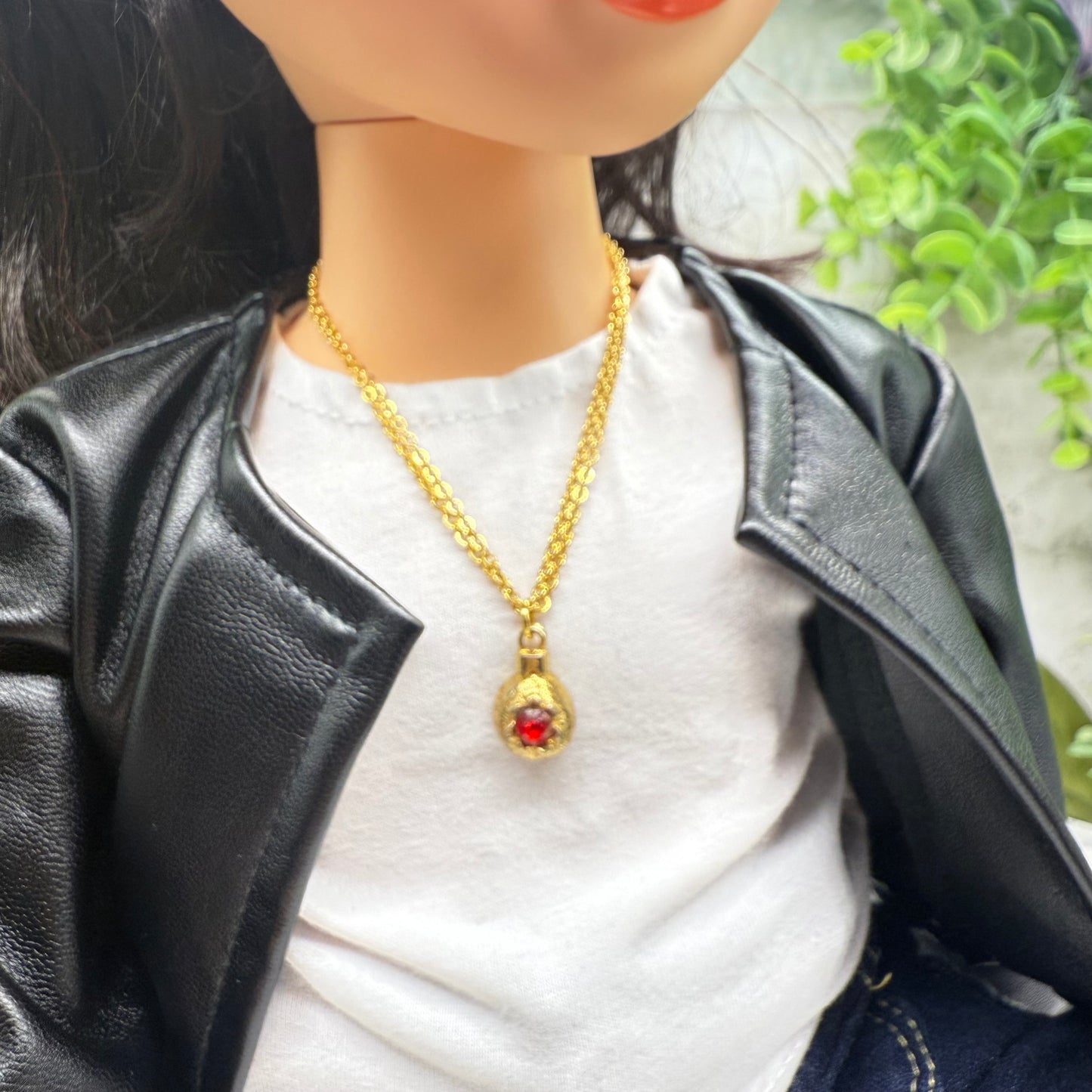 Gold Christmas Ornament Charm Red Rhinestone Doll Necklace • 18 Inch Fashion Doll Jewelry