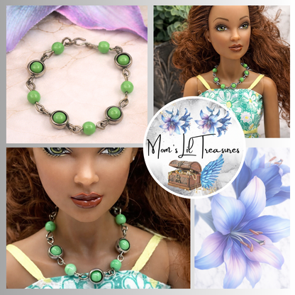 Green Glass Bead Silver Link Doll Necklace • 16 Inch Fashion Doll Jewelry