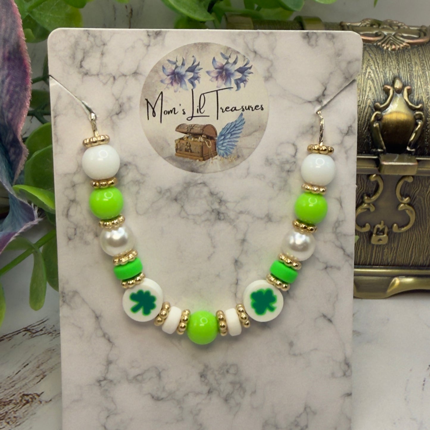 Green White Bubble Gum Beaded Four-Leaf Clover Doll Necklace • 18 Inch Fashion Doll Jewelry