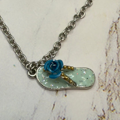 Blue Flip Flip Sandal Rose Accent Charm Silver Doll Necklace• 18 Inch Fashion Doll Jewelry
