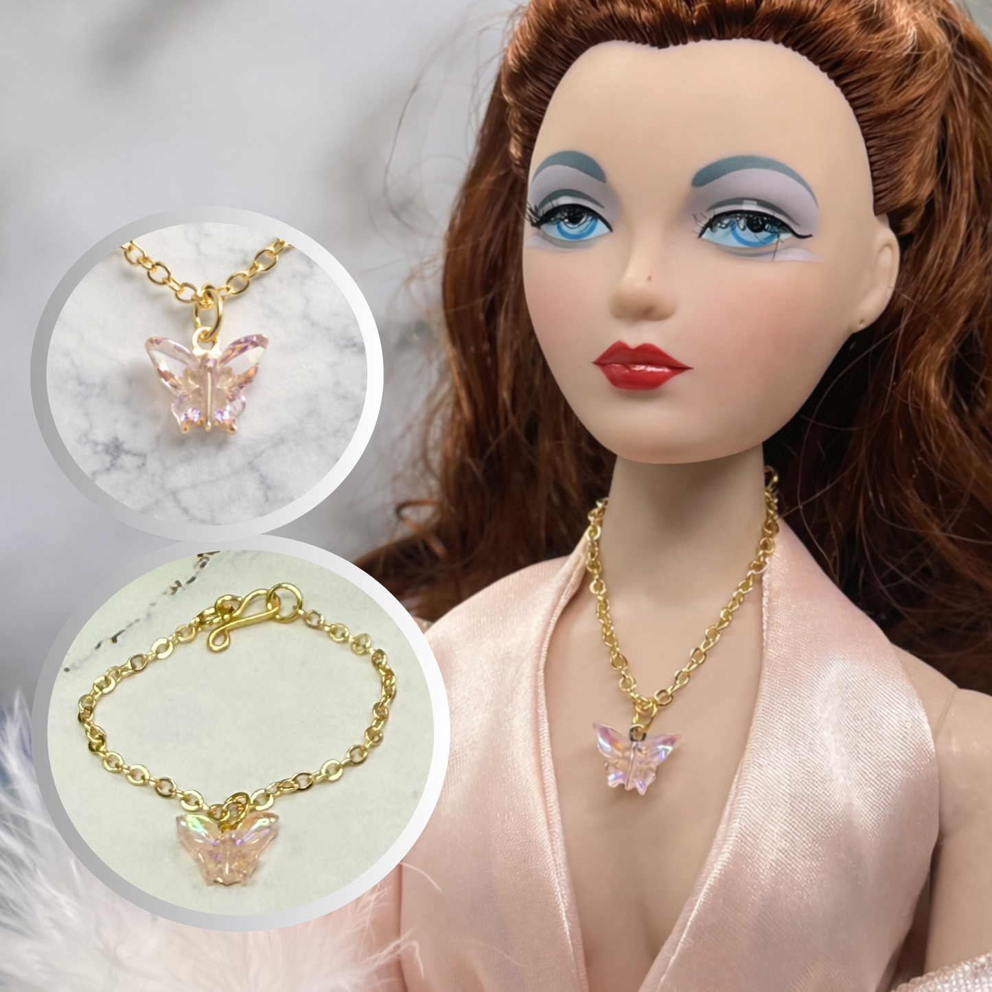 Light Pink Iridescent Acrylic Butterfly Charm Gold Doll Necklace for 16 Inch Fashion Dolls