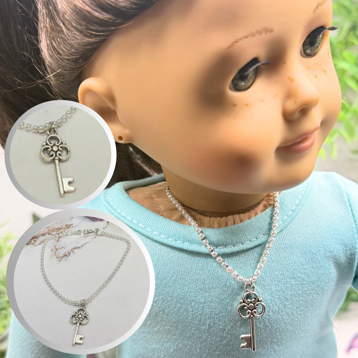 Silver Key Charm Pearl Cup Chain Doll Necklace • 18 Inch Fashion Doll Jewelry