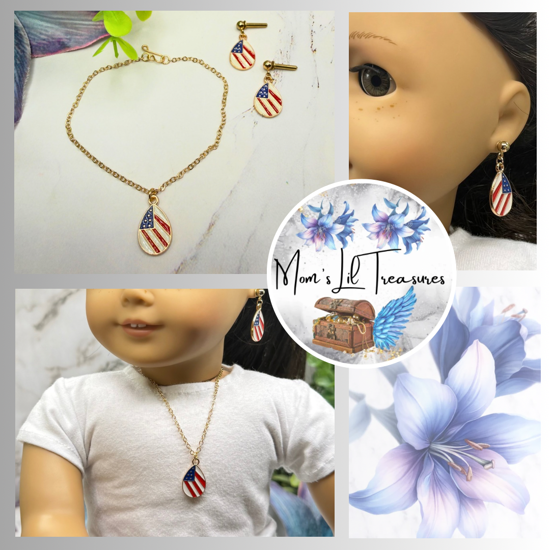 Red White Blue Patriotic Flag Design Teardrop Charm Doll Necklace & 2mm Post Earrings for 18 Inch Fashion Doll