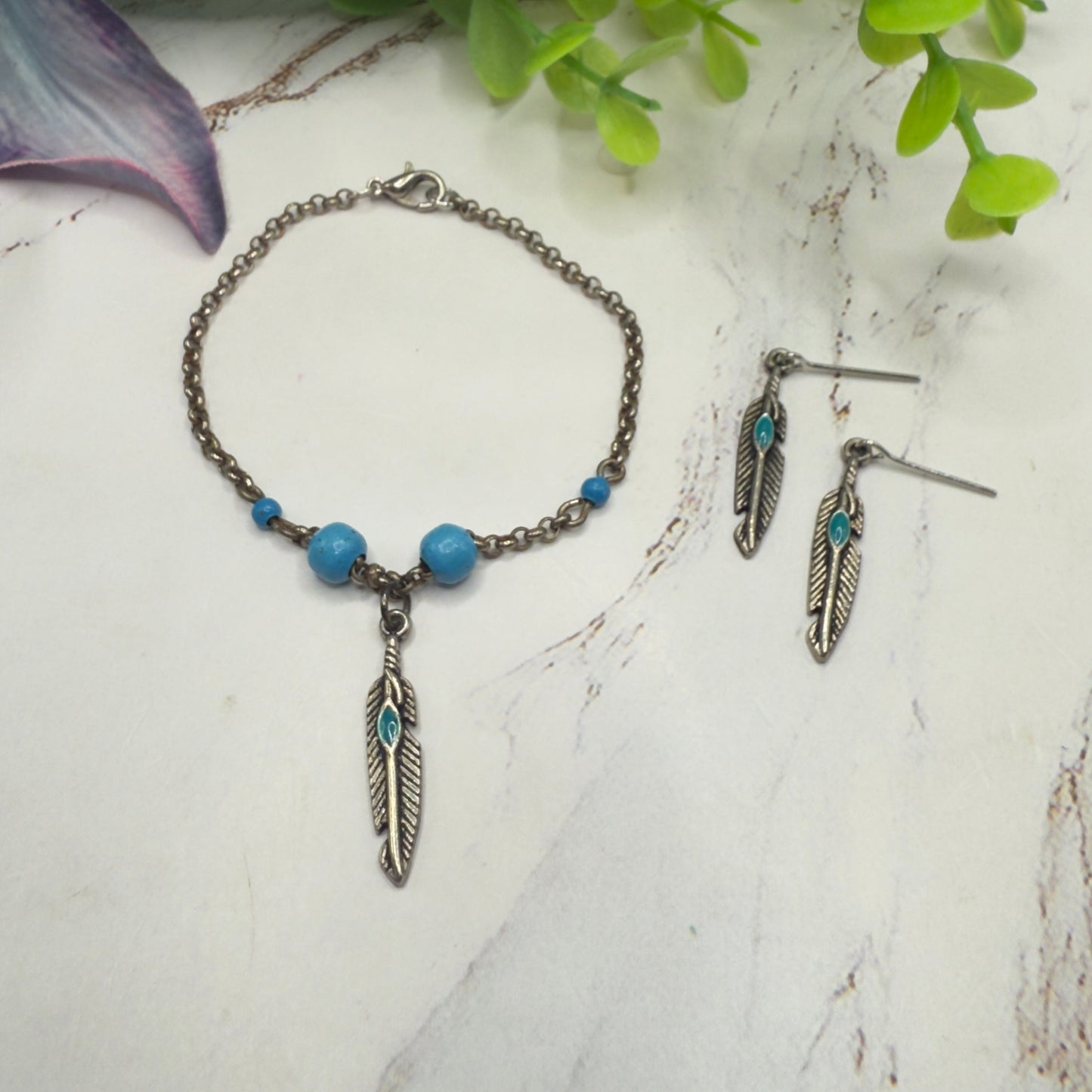 Turquoise Blue Silver Feather Dangle Charm Doll Necklace & Earrings • 18 Inch Fashion Doll Jewelry
