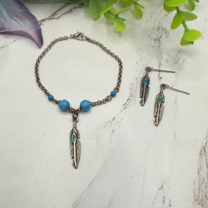 Turquoise Blue Silver Feather Dangle Charm Doll Necklace & Earrings • 18 Inch Fashion Doll Jewelry