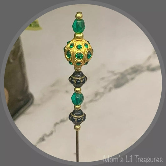 Green Glass Crystal Gold Ball Rhinestone Accents - 8” • Hatpin - Stick Pin