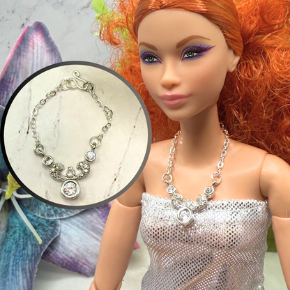 Silver Clear Rhinestone Doll Necklace • 10-12” 1:6 Fashion Doll Jewelry